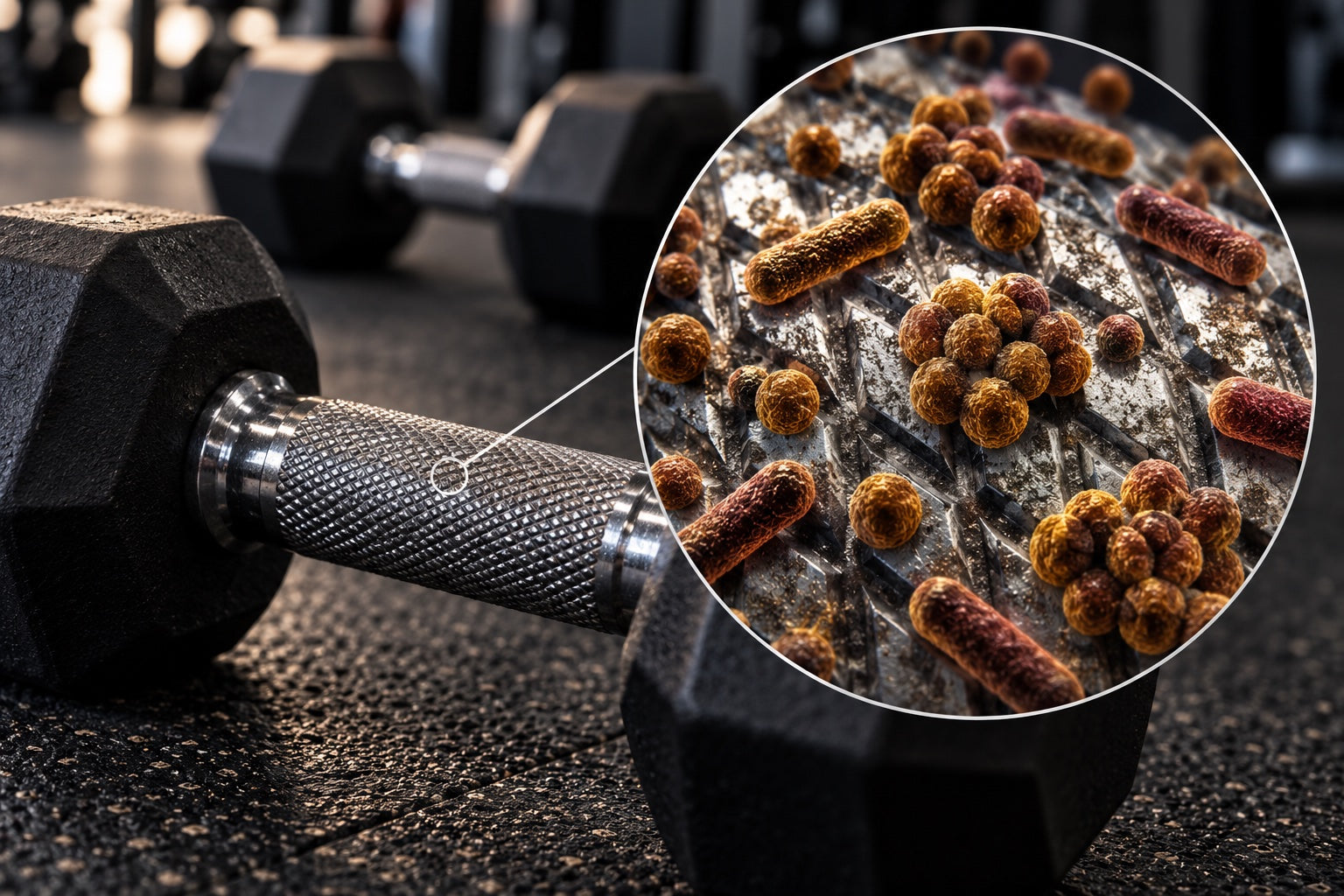 AI illustration of a gym dumbbell with a conceptual magnified view of microbes on its handle