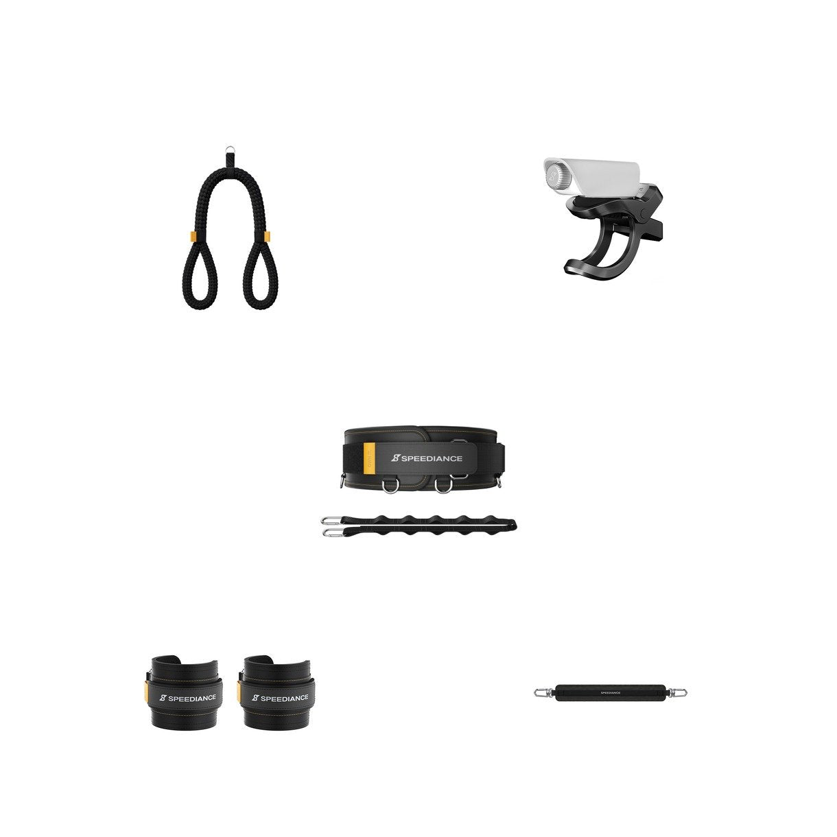 Les accessoires du Pack d’accessoires avancé Speediance Gym Nano disposés à plat